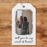 Chic Hand Drawn Bow Maid of Honor Proposal Photo Gift Tags<br><div class="desc">Add a personal touch to your maid of honor proposal with this elegant, customizable gift tag. Featuring a stylish black-and-white design with a chic bow detail, this tag allows you to upload your own photo and ask your bridesmaid in a truly unique way. Whether you’re attaching it to a thoughtful...</div>
