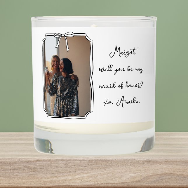 Chic Hand Drawn Bow Maid of Honor Proposal Photo Scented Candle (Creator Uploaded)