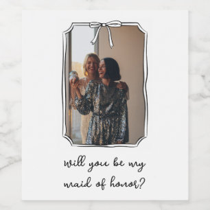 Chic Hand Drawn Bow Maid of Honor Proposal Photo Wine Label