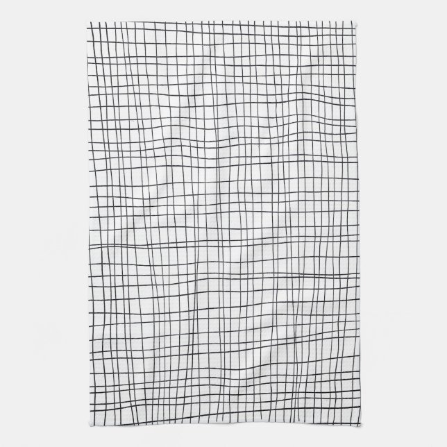 Chic hand drawn stripe black & white grid kitchen towel (Vertical)