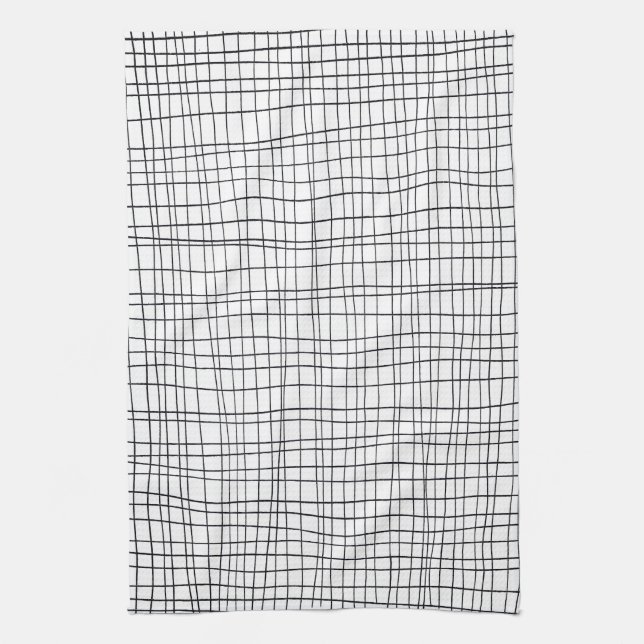 Chic hand drawn stripe grid black & white kitchen towel (Vertical)