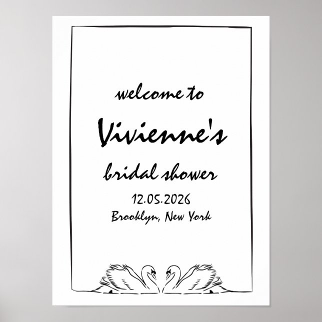 Chic Hand Drawn Swan Bridal Shower Welcome Sign (Front)