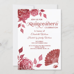 Chic hand fan romantic red roses  Quinceañera Invitation