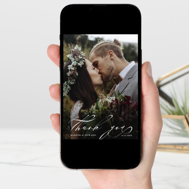 Chic Hand Lettered 2 Photo Wedding Thank You Card (Front Digital)