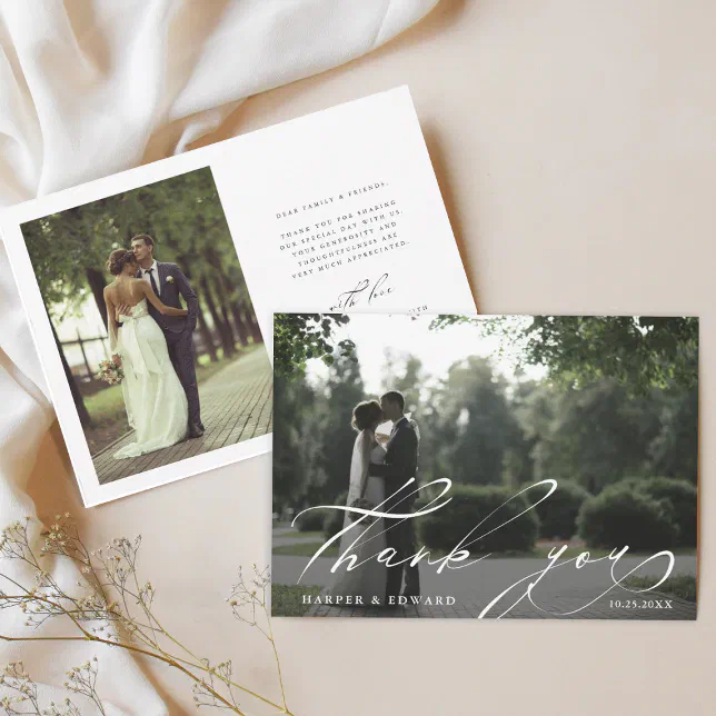 Chic Hand Lettered 2 Photo Wedding Thank You Card | Zazzle