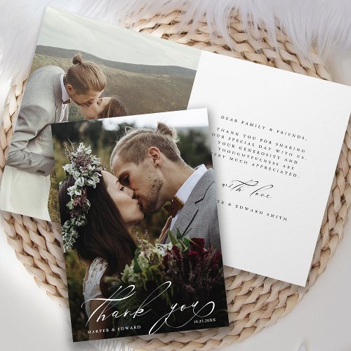 Chic Hand Lettered 2 Photo Wedding Thank You Card