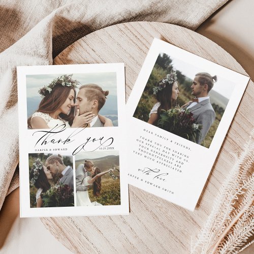 Chic Hand Lettered 4 Photo Wedding Thank You Card