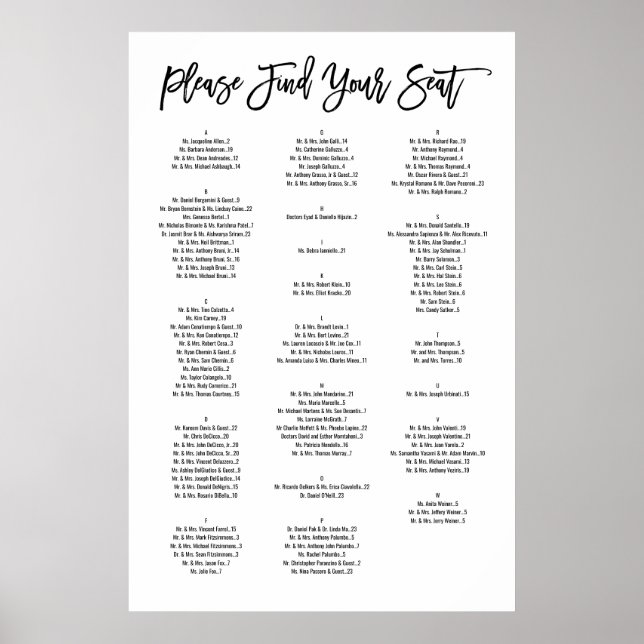 Chic Hand Lettered Alphabetical Seating Chart (Front)