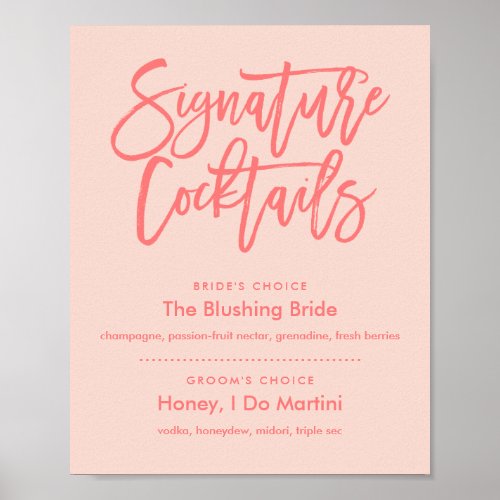 Chic Hand Lettered Coral Signature Cocktails Menu Poster