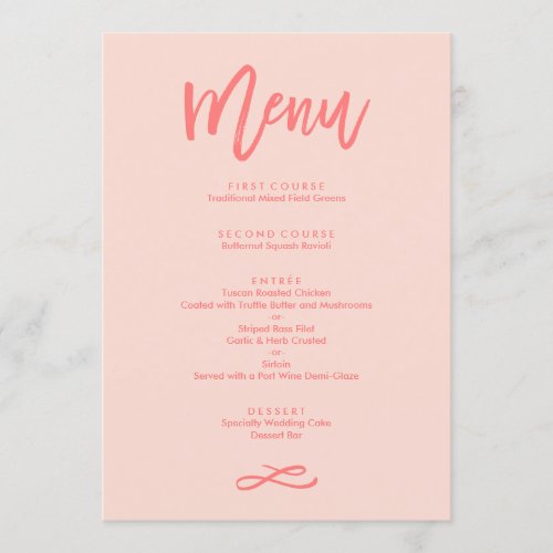 Chic Hand Lettered Coral Wedding Menu