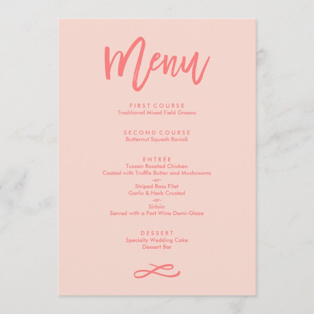 Chic Hand Lettered Coral Wedding Menu (Front)