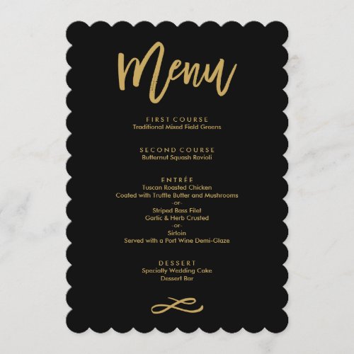 Chic Hand Lettered Gold and Black Wedding Menu