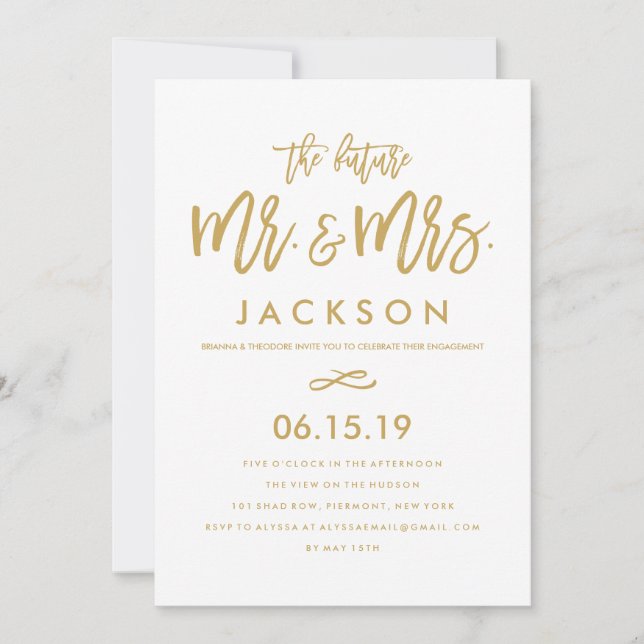 Chic Hand Lettered Gold Engagement Party Invitation (Front)