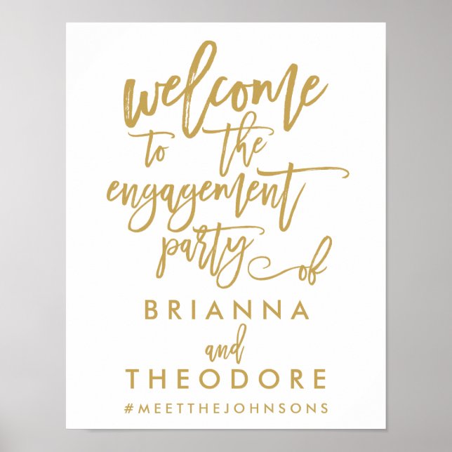 Chic Hand Lettered Gold Engagement Welcome Sign (Front)