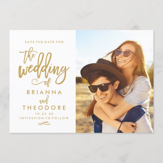 Chic Hand Lettered Gold Save The Date Photo