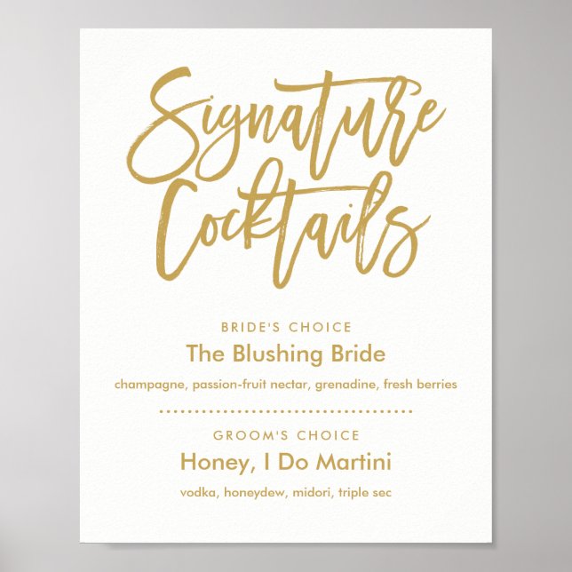 Chic Hand Lettered Gold Signature Cocktails Menu Poster (Front)
