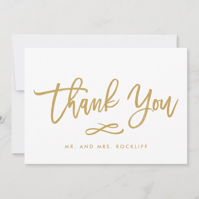Chic Hand Lettered Gold Thank You Flat Card (Front)