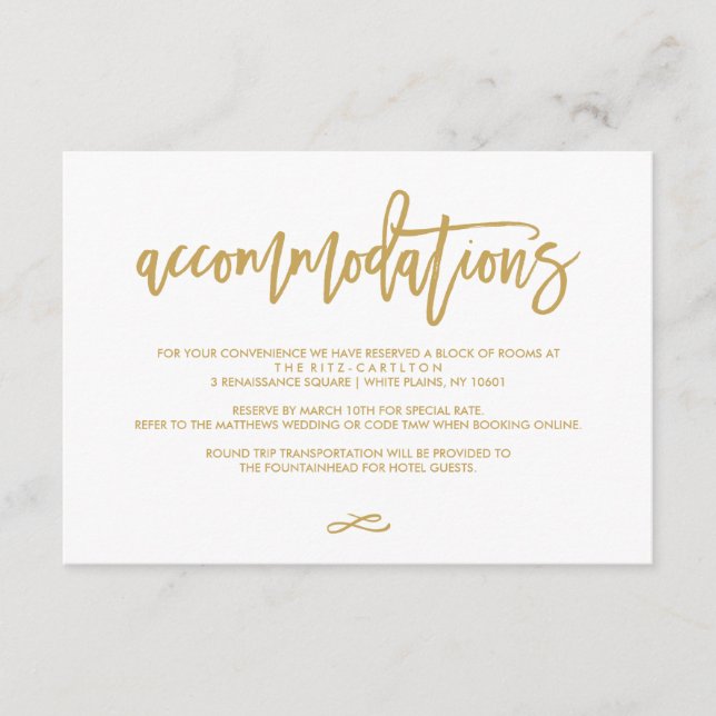 Chic Hand Lettered Gold Wedding Accommodations Enclosure Card (Front)