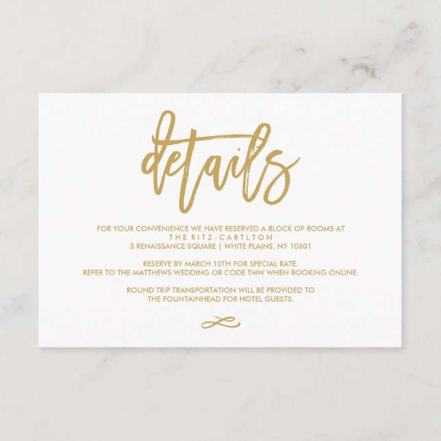 Chic Hand Lettered Gold Wedding Details Enclosure Card (Front)