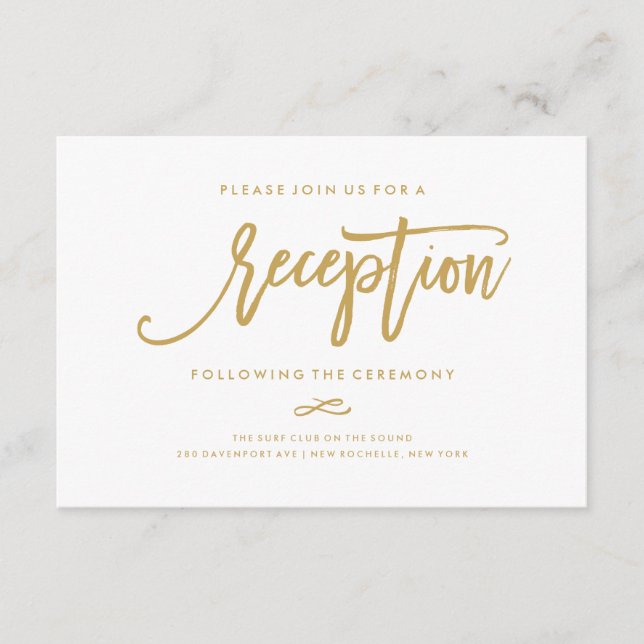 Chic Hand Lettered Gold Wedding Reception Card (Front)