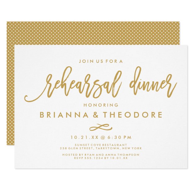 Chic Hand Lettered Gold Wedding Rehearsal Dinner Invitation