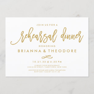 Chic Hand Lettered Gold Wedding Rehearsal Dinner Invitation