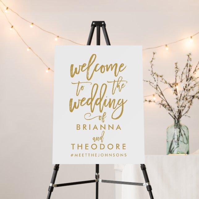 Chic Hand Lettered Gold Wedding Welcome Sign (In Situ (Stand))