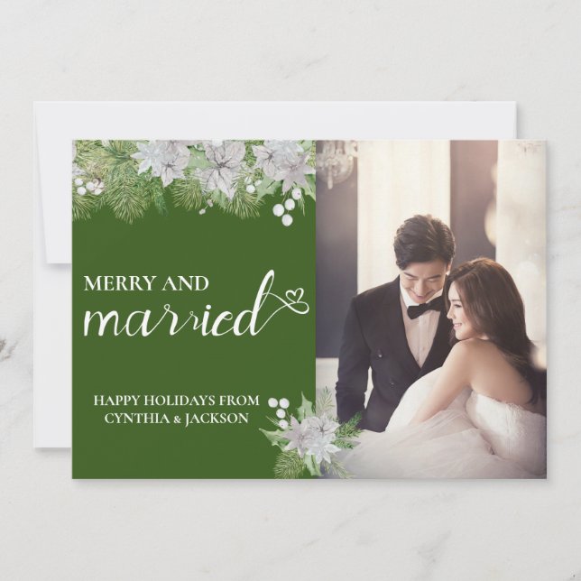 Chic Hand Lettered Marry Married Photo Pine Drop Holiday Card (Front)