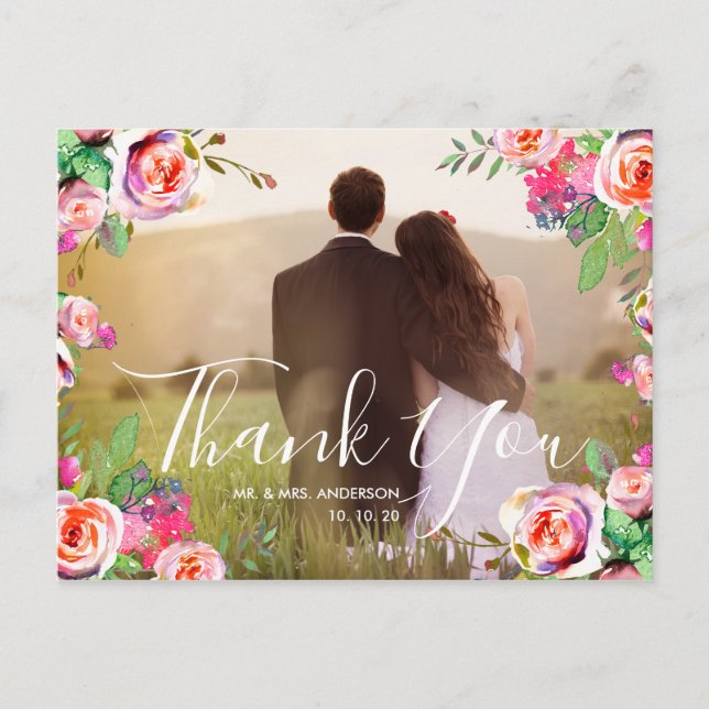 Chic Hand Lettered Photo Floral Wedding Thank You Postcard (Front)