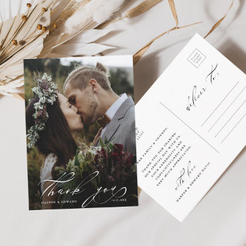Chic Hand Lettered Photo Wedding Thank You Postcard by cardsbyflora at Zazzle