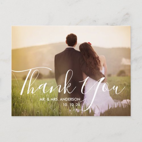 Chic Hand Lettered Photo Wedding Thank You Postcard