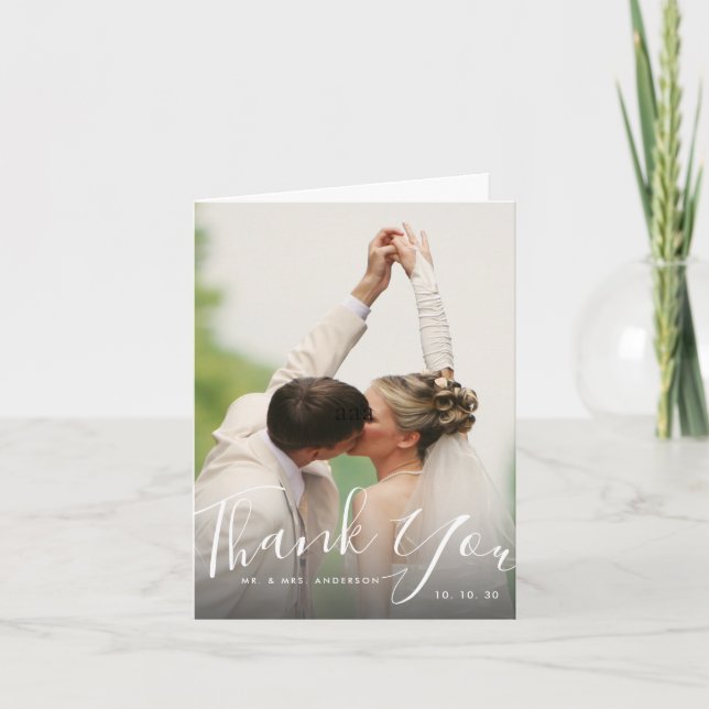 Chic Hand Lettered Script Photo Wedding Thank You Card (Front)