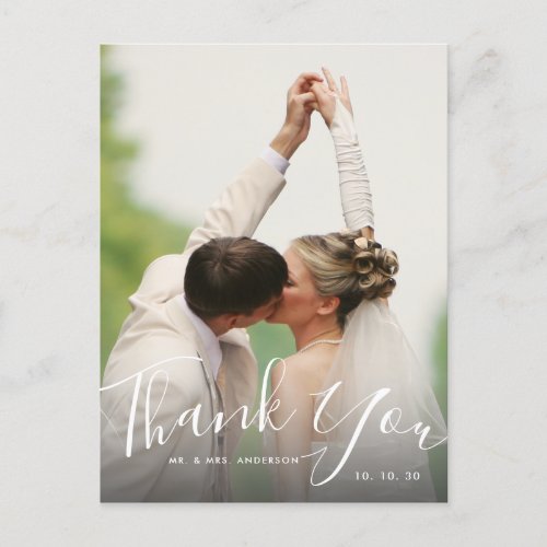 Chic Hand Lettered Script Photo Wedding Thank You Postcard