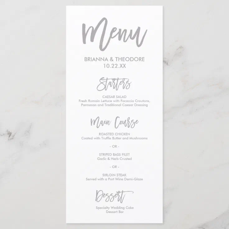 Chic Hand Lettered Silver Wedding Menu | Zazzle