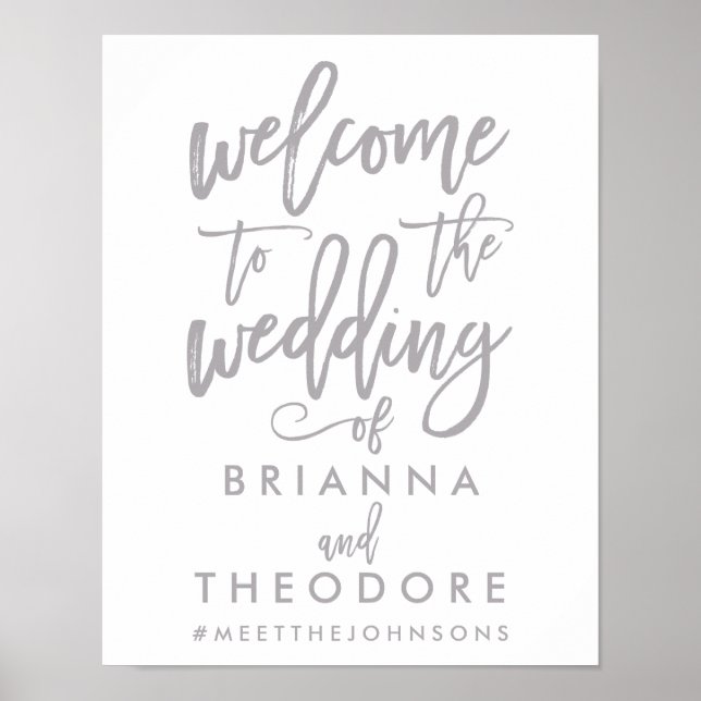 Chic Hand Lettered Silver Wedding Welcome Sign (Front)