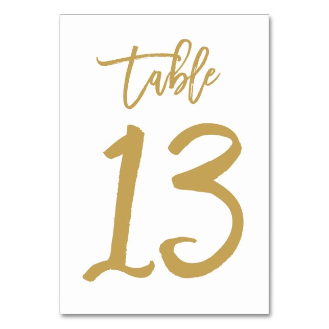 Chic Hand Lettered Table Number Gold | Table 13 (Front)