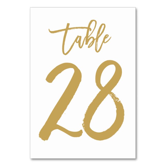 Chic Hand Lettered Table Number Gold | Table 28 (Front)