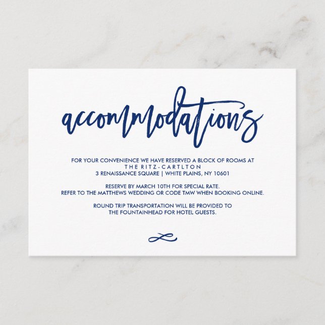 Chic Hand Lettered Wedding Accommodation Card Navy (Front)