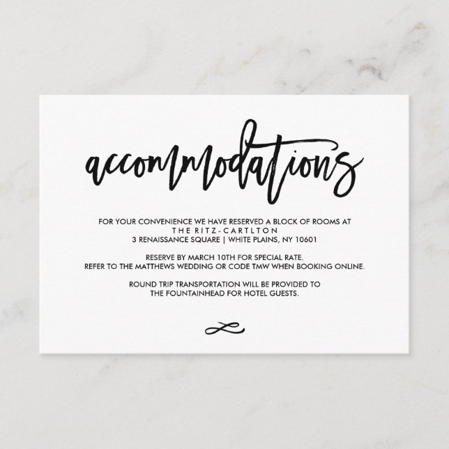 Chic Hand Lettered Wedding Accomodations Card (Front)