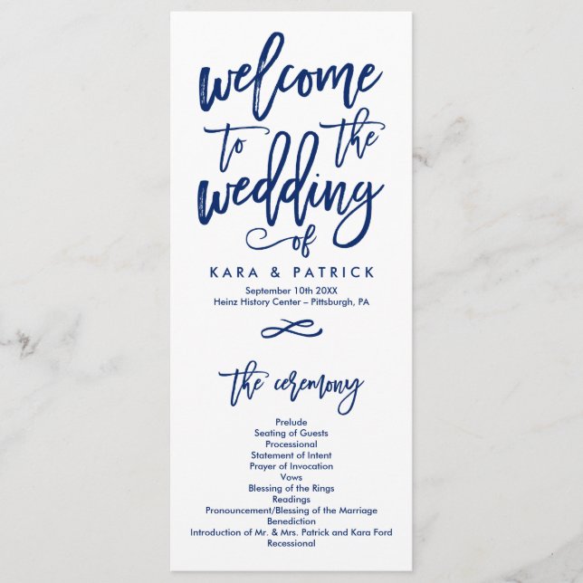 Chic Hand Lettered Wedding Ceremony Program Navy (Front)