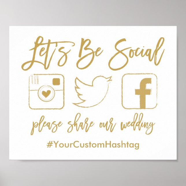 Chic Hand Lettered Wedding Hashtag Gold Sign (Front)