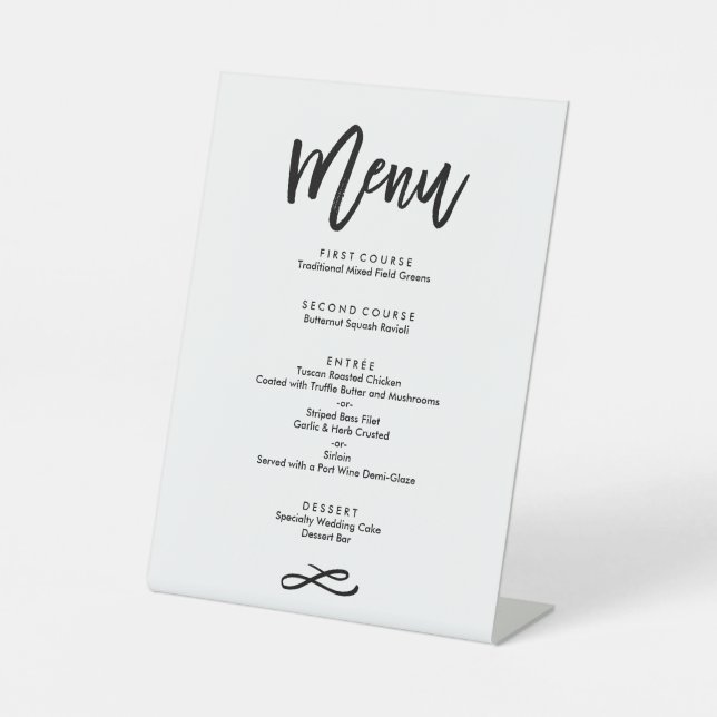 Chic Hand Lettered Wedding Menu Black Pedestal Sign (Front)