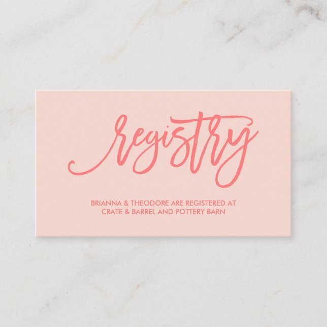 Chic Hand Lettered Wedding Registry Card Coral (Front)