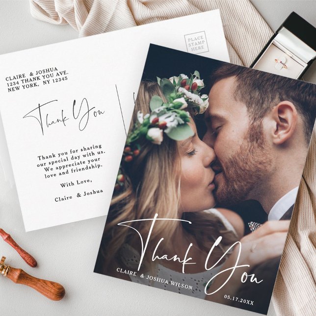 Chic Hand Lettered Wedding Thank You Photo Postcard (Front & Back)