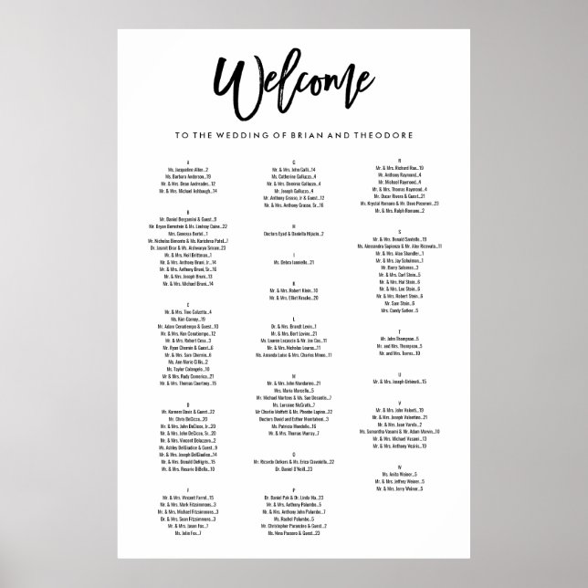 Chic Hand Lettered Welcome Alphabetical Seating Poster (Front)