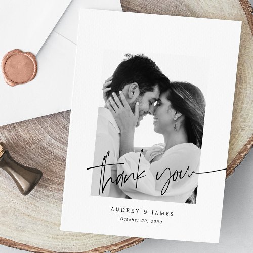 Chic Hand Lettering Modern White Photo Wedding Thank You Card