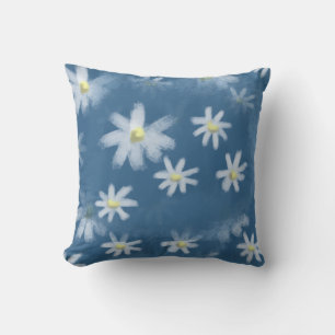 Chic Hand-Painted White Daisies on Dusty Blue Thro Throw Pillow