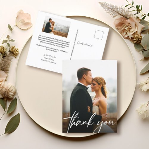 Chic handlettering photo wedding thank you postcard