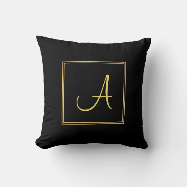 Chic Handwriting Text Letter A Black Gold Monogram Throw Pillow (Front)