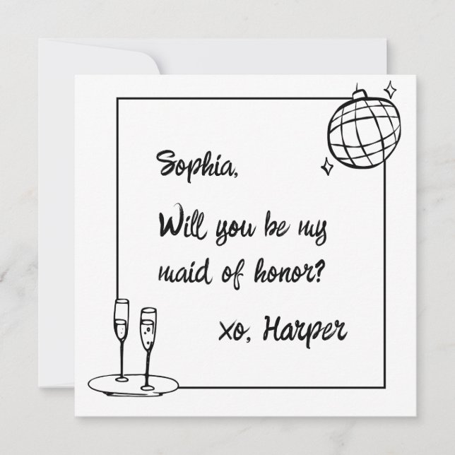 Chic Handwritten Disco Maid of Honor Proposal Card (Front)